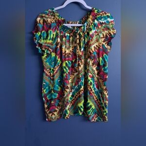 NY Collection Green and Brown Puff Sleeve Blouse with Ruffled Tie Front